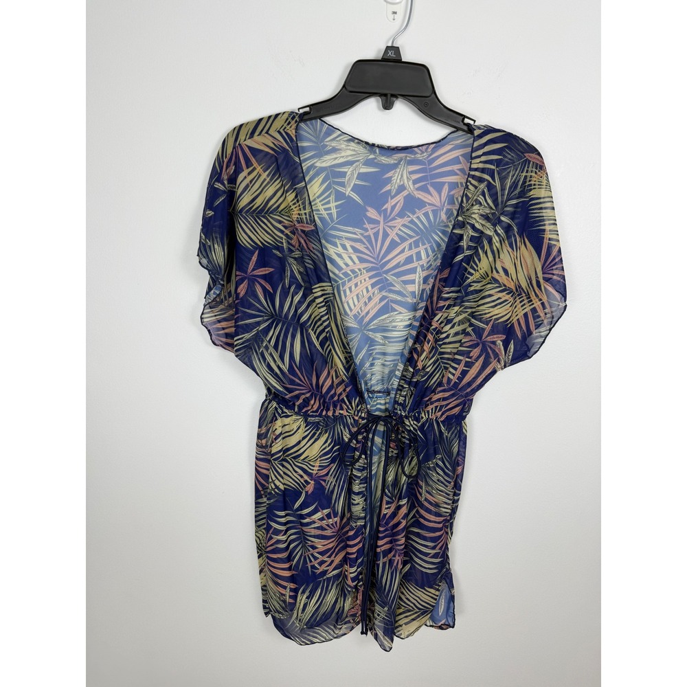 Tropical Palm Print Mesh Swim Cover Up Navy lightweight Sheer tie Waist beach XL